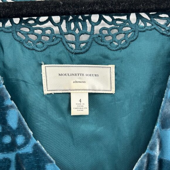 ANTHROPOLOGIE Moulinette Soeurs *FLAWED* Teal Blue Patterned Velvet Silk Dress 4 - Picture 8 of 10